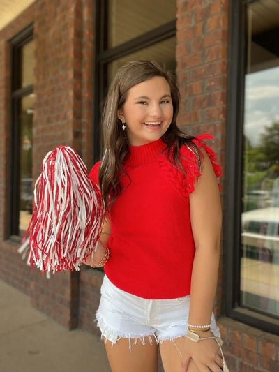 Alex Sleeveless Fringe Shoulder Sweater- Red-140 - TOPS - LAYERS/OUTERWEAR-&MERCI-[option4]-[option5]-[option6]-Leather & Lace Boutique Shop