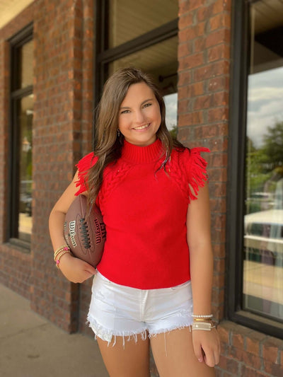 Alex Sleeveless Fringe Shoulder Sweater- Red-140 - TOPS - LAYERS/OUTERWEAR-&MERCI-[option4]-[option5]-[option6]-Leather & Lace Boutique Shop