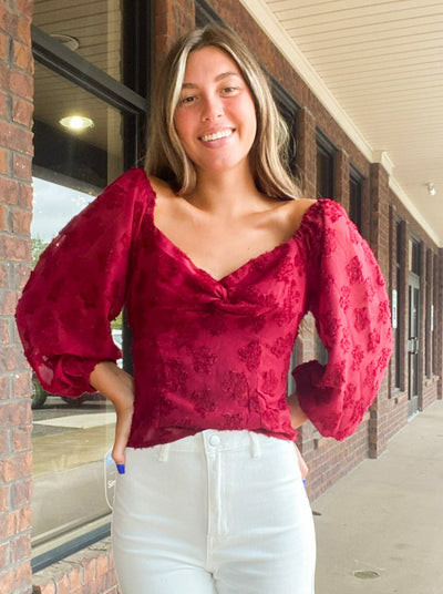 Crimson Twist Front Textured Blouse-110 - TOPS - LONG SLEEVE-&MERCI-[option4]-[option5]-[option6]-Leather & Lace Boutique Shop