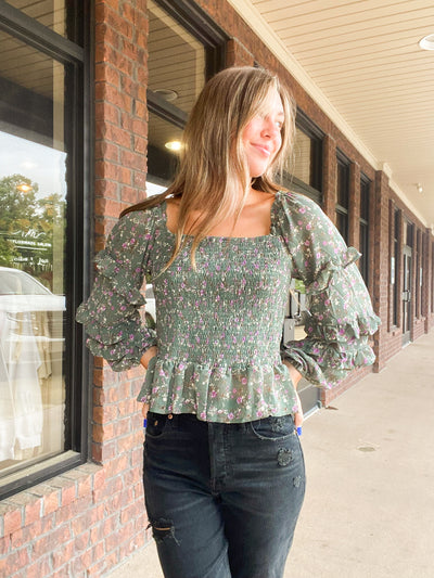 Sage Floral Smocked Peplum Top-110 - TOPS - LONG SLEEVE-&MERCI-[option4]-[option5]-[option6]-Leather & Lace Boutique Shop