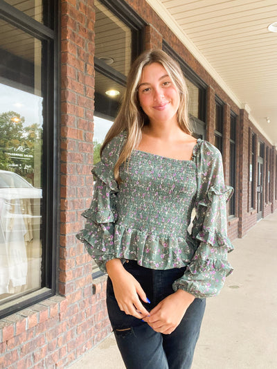 Sage Floral Smocked Peplum Top-110 - TOPS - LONG SLEEVE-&MERCI-[option4]-[option5]-[option6]-Leather & Lace Boutique Shop