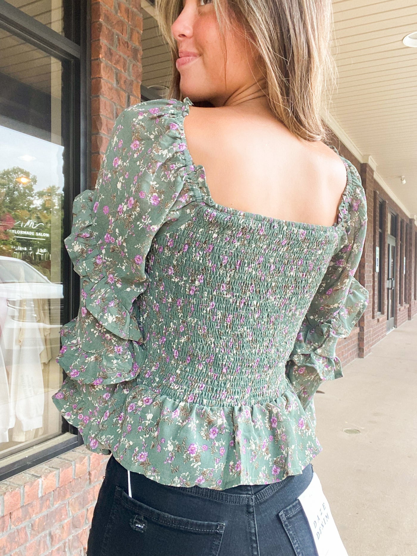 Sage Floral Smocked Peplum Top-110 - TOPS - LONG SLEEVE-&MERCI-[option4]-[option5]-[option6]-Leather & Lace Boutique Shop