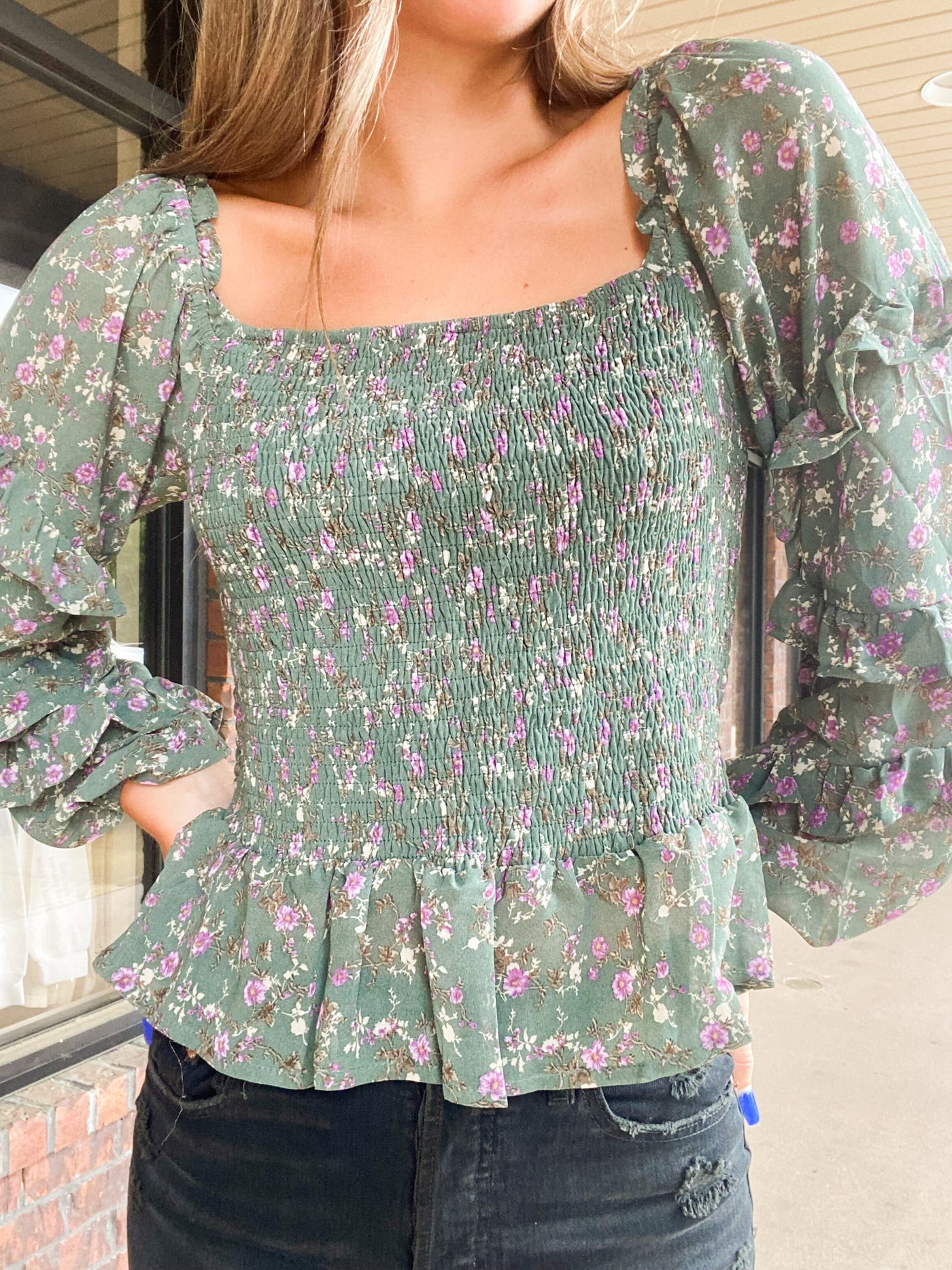 Sage Floral Smocked Peplum Top-110 - TOPS - LONG SLEEVE-&MERCI-[option4]-[option5]-[option6]-Leather & Lace Boutique Shop