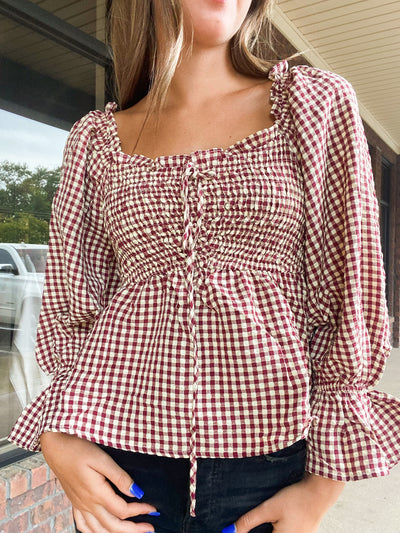 Cream & Crimson Smocked Gingham Blouse-110 - TOPS - LONG SLEEVE-&MERCI-[option4]-[option5]-[option6]-Leather & Lace Boutique Shop