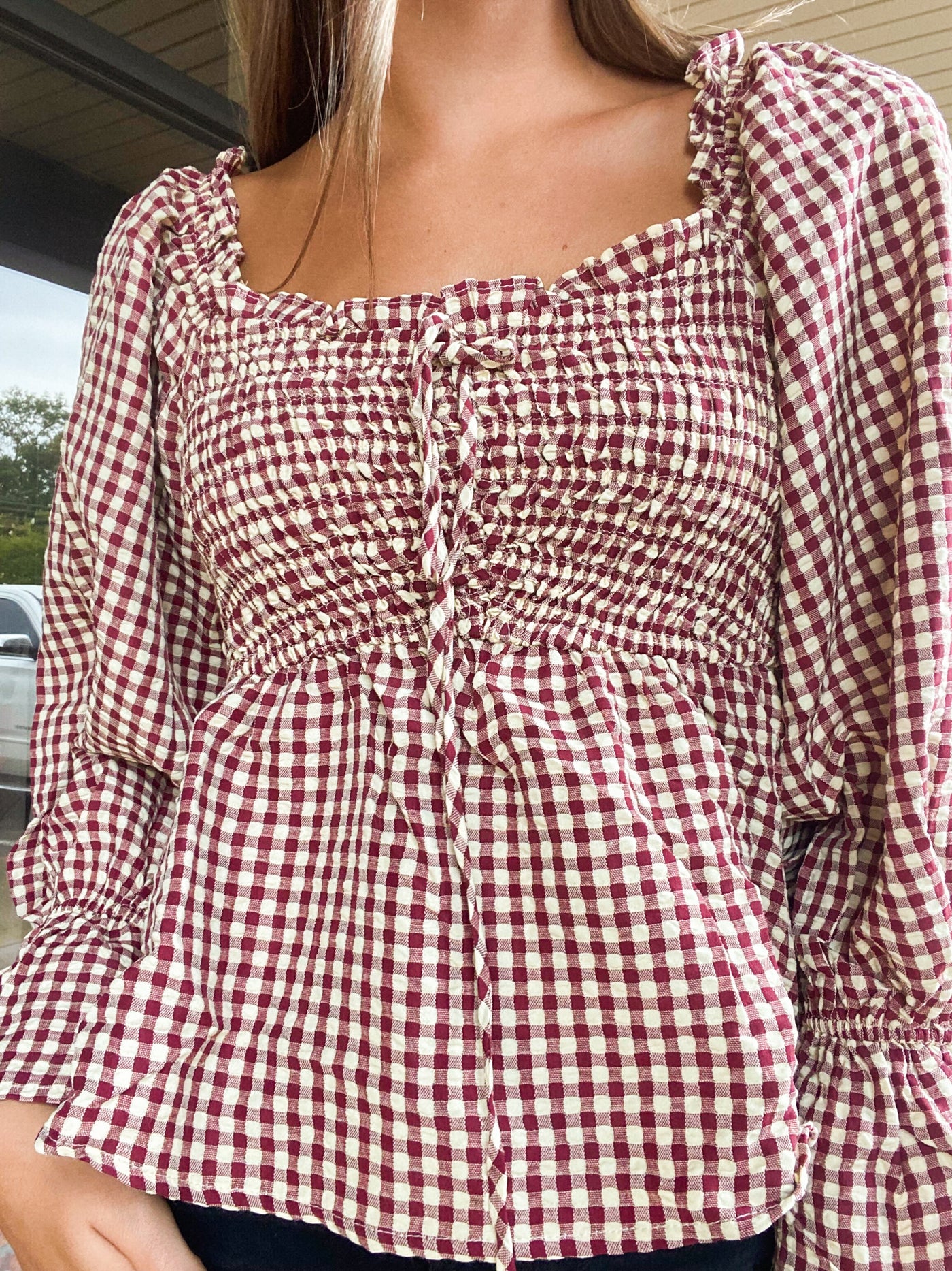 Cream & Crimson Smocked Gingham Blouse-110 - TOPS - LONG SLEEVE-&MERCI-[option4]-[option5]-[option6]-Leather & Lace Boutique Shop