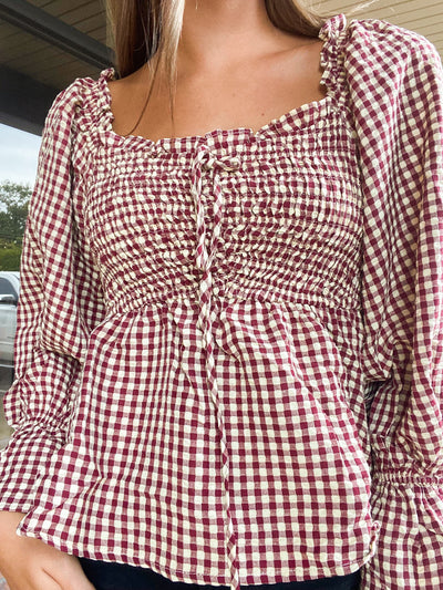 Cream & Crimson Smocked Gingham Blouse-110 - TOPS - LONG SLEEVE-&MERCI-[option4]-[option5]-[option6]-Leather & Lace Boutique Shop