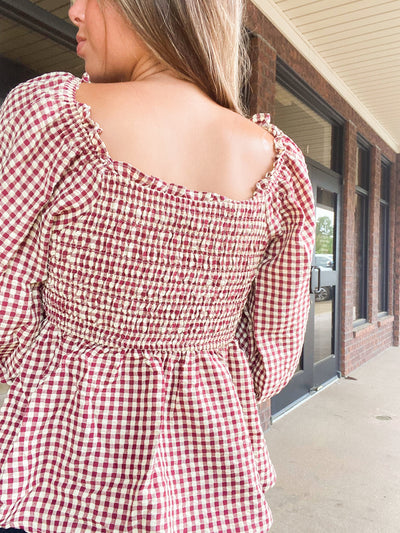 Cream & Crimson Smocked Gingham Blouse-110 - TOPS - LONG SLEEVE-&MERCI-[option4]-[option5]-[option6]-Leather & Lace Boutique Shop