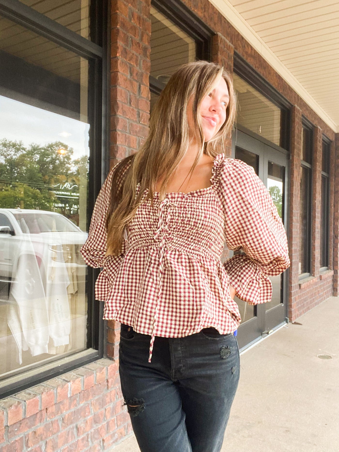 Cream & Crimson Smocked Gingham Blouse-110 - TOPS - LONG SLEEVE-&MERCI-[option4]-[option5]-[option6]-Leather & Lace Boutique Shop