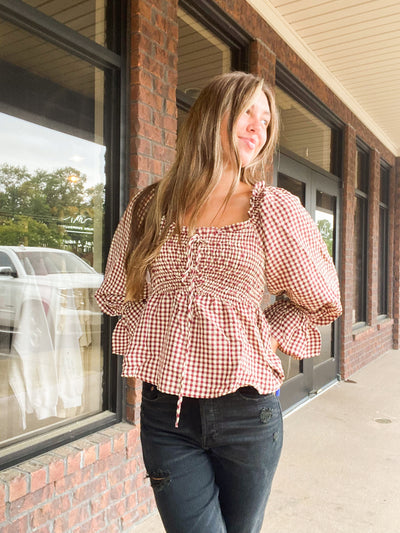 Cream & Crimson Smocked Gingham Blouse-110 - TOPS - LONG SLEEVE-&MERCI-[option4]-[option5]-[option6]-Leather & Lace Boutique Shop