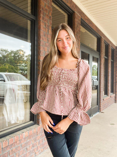 Cream & Crimson Smocked Gingham Blouse-110 - TOPS - LONG SLEEVE-&MERCI-[option4]-[option5]-[option6]-Leather & Lace Boutique Shop