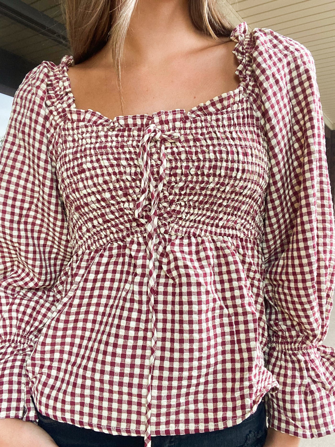 Cream & Crimson Smocked Gingham Blouse-110 - TOPS - LONG SLEEVE-&MERCI-[option4]-[option5]-[option6]-Leather & Lace Boutique Shop
