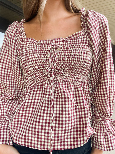 Cream & Crimson Smocked Gingham Blouse-110 - TOPS - LONG SLEEVE-&MERCI-[option4]-[option5]-[option6]-Leather & Lace Boutique Shop