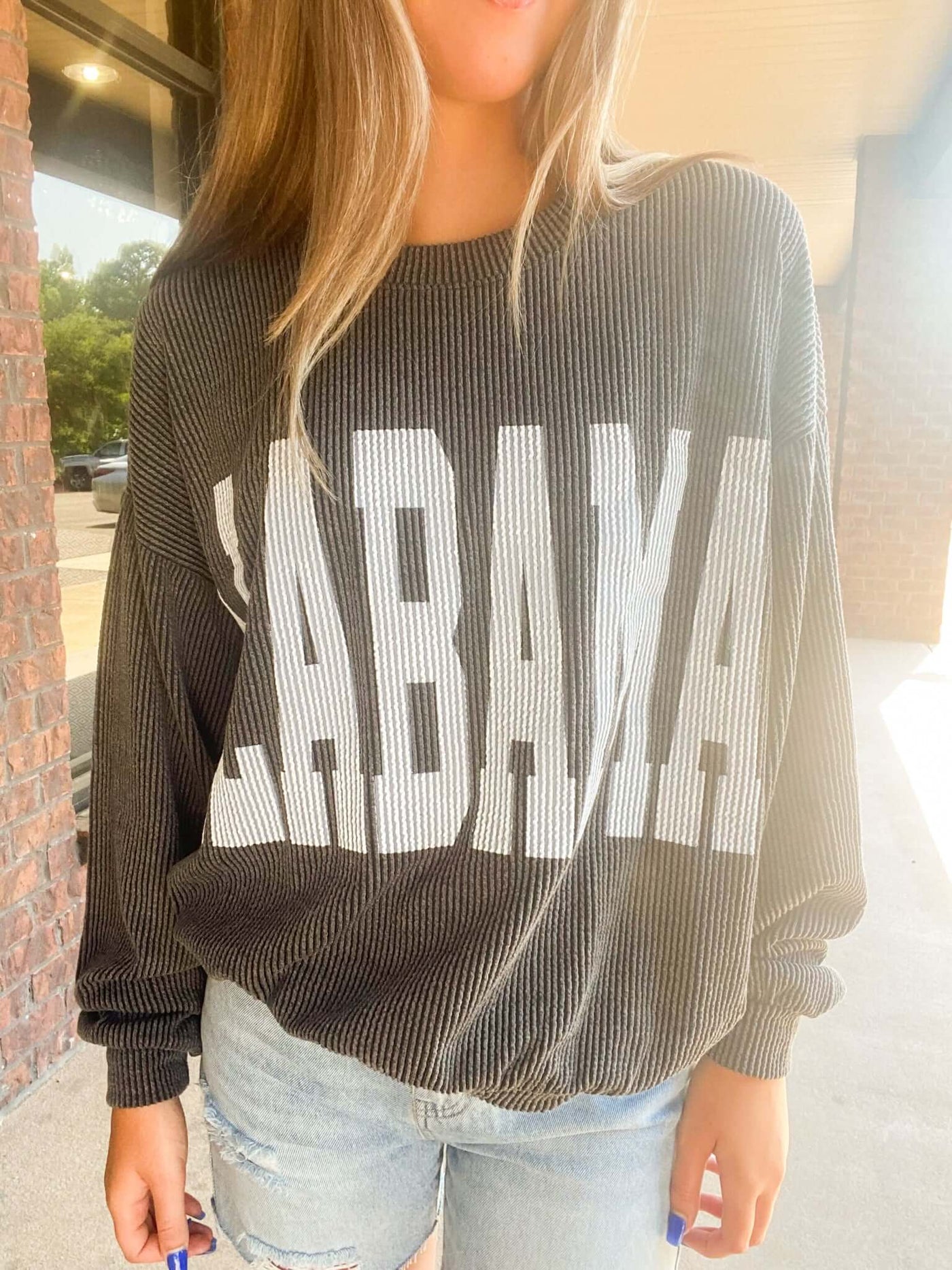 Alabama Varsity Corded Sweatshirt- Charcoal-130 - TOPS - SWEATERS/SWEATSHIRTS-BUCKETLIST-[option4]-[option5]-[option6]-Leather & Lace Boutique Shop