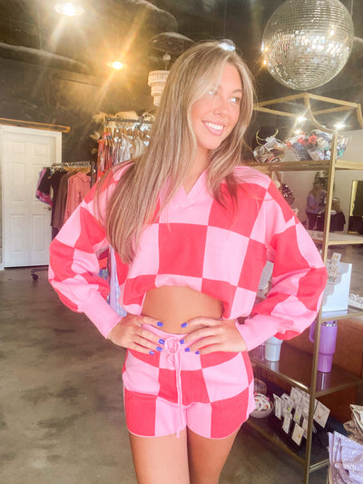Just Checking In Cropped Pullover - Pink-170 - DRESSES / ROMPERS / SETS-LE LIS-[option4]-[option5]-[option6]-Leather & Lace Boutique Shop