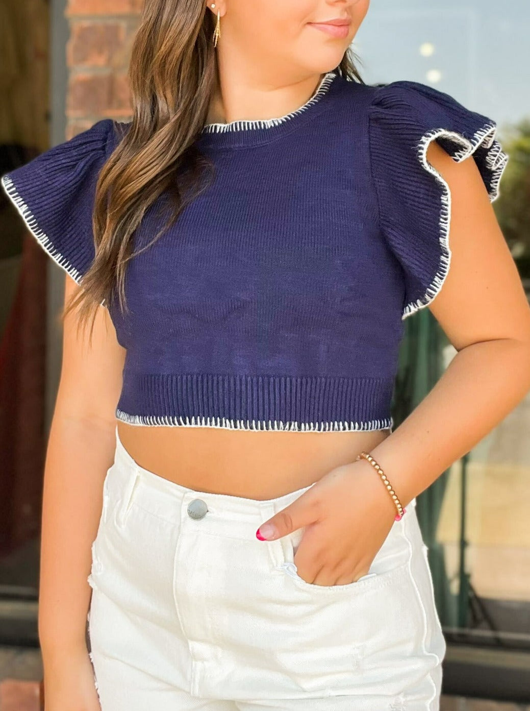 Ruffle Sleeve Cropped Sweater- Navy-100 - TOPS - SHORT SLEEVE/SLEEVELESS-DAY + MOON-[option4]-[option5]-[option6]-Leather & Lace Boutique Shop
