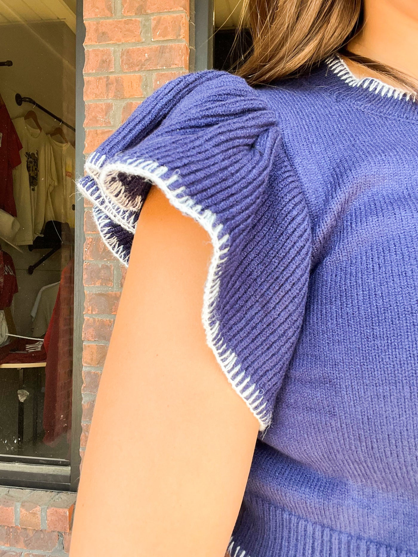 Ruffle Sleeve Cropped Sweater- Navy-100 - TOPS - SHORT SLEEVE/SLEEVELESS-DAY + MOON-[option4]-[option5]-[option6]-Leather & Lace Boutique Shop