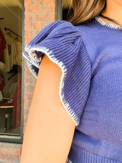 Ruffle Sleeve Cropped Sweater- Navy-100 - TOPS - SHORT SLEEVE/SLEEVELESS-DAY + MOON-[option4]-[option5]-[option6]-Leather & Lace Boutique Shop