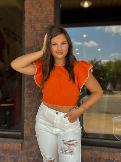 Ruffle Sleeve Cropped Sweater- Orange-100 - TOPS - SHORT SLEEVE/SLEEVELESS-DAY + MOON-[option4]-[option5]-[option6]-Leather & Lace Boutique Shop