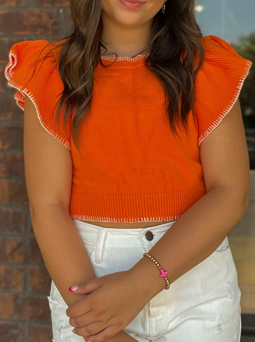 Ruffle Sleeve Cropped Sweater- Orange-100 - TOPS - SHORT SLEEVE/SLEEVELESS-DAY + MOON-[option4]-[option5]-[option6]-Leather & Lace Boutique Shop