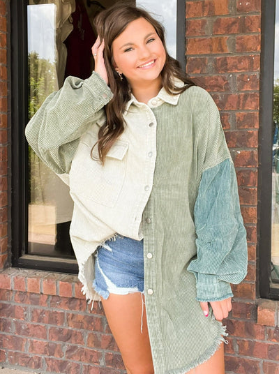 Sage Color Block Shacket-140 - TOPS - LAYERS/OUTERWEAR-POL-[option4]-[option5]-[option6]-Leather & Lace Boutique Shop