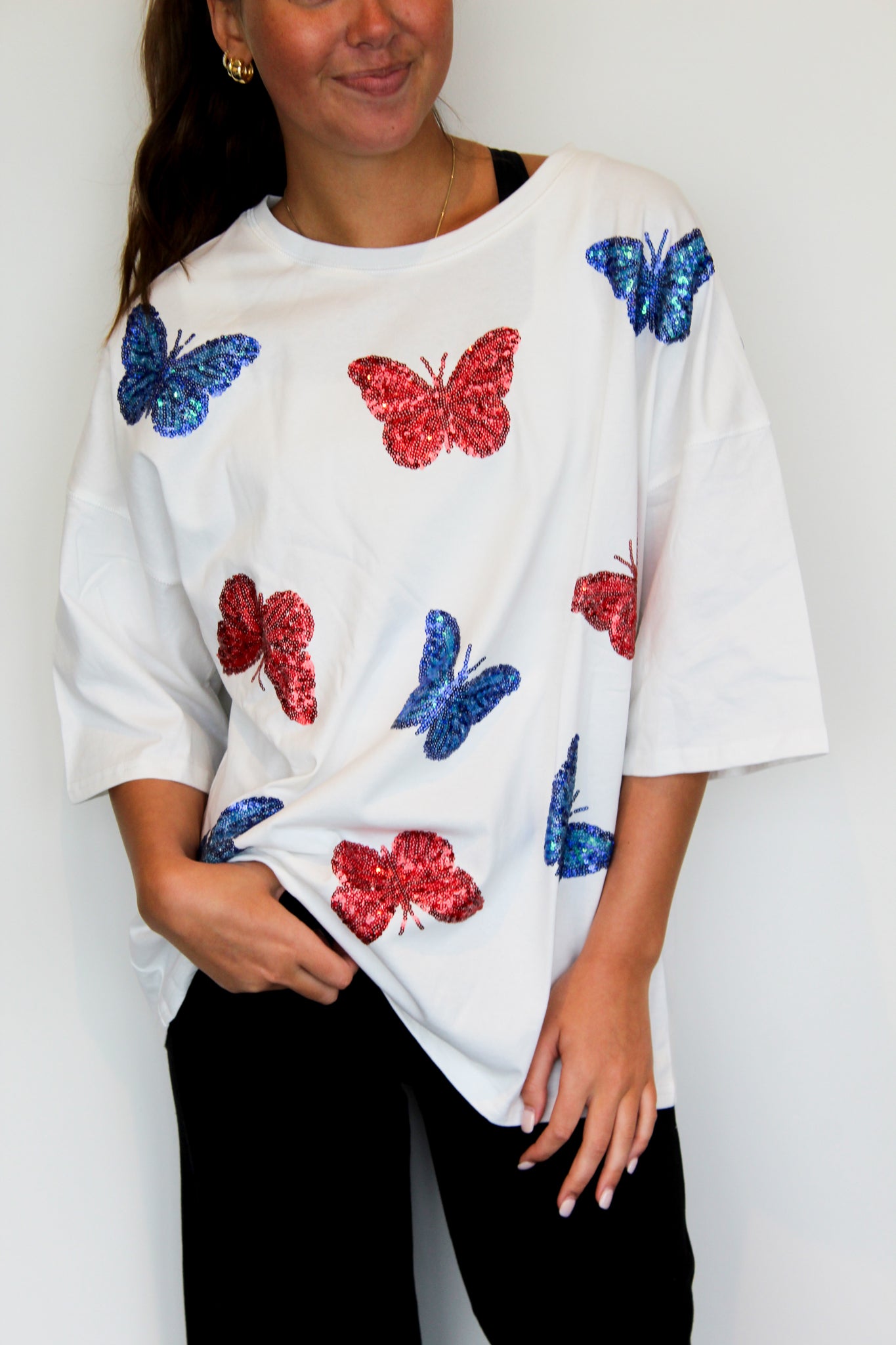 Butterfly Sequin Oversized Tee-100 - TOPS - SHORT SLEEVE/SLEEVELESS-FANTASTIC FAWN-[option4]-[option5]-[option6]-Leather & Lace Boutique Shop