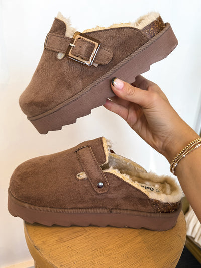 Mocha Buckle Platform Slides