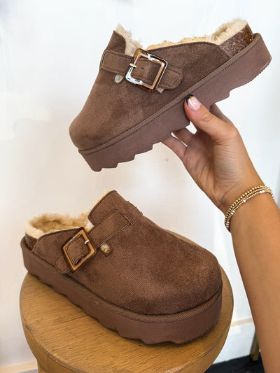 Mocha Buckle Platform Slides