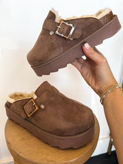 Mocha Buckle Platform Slides