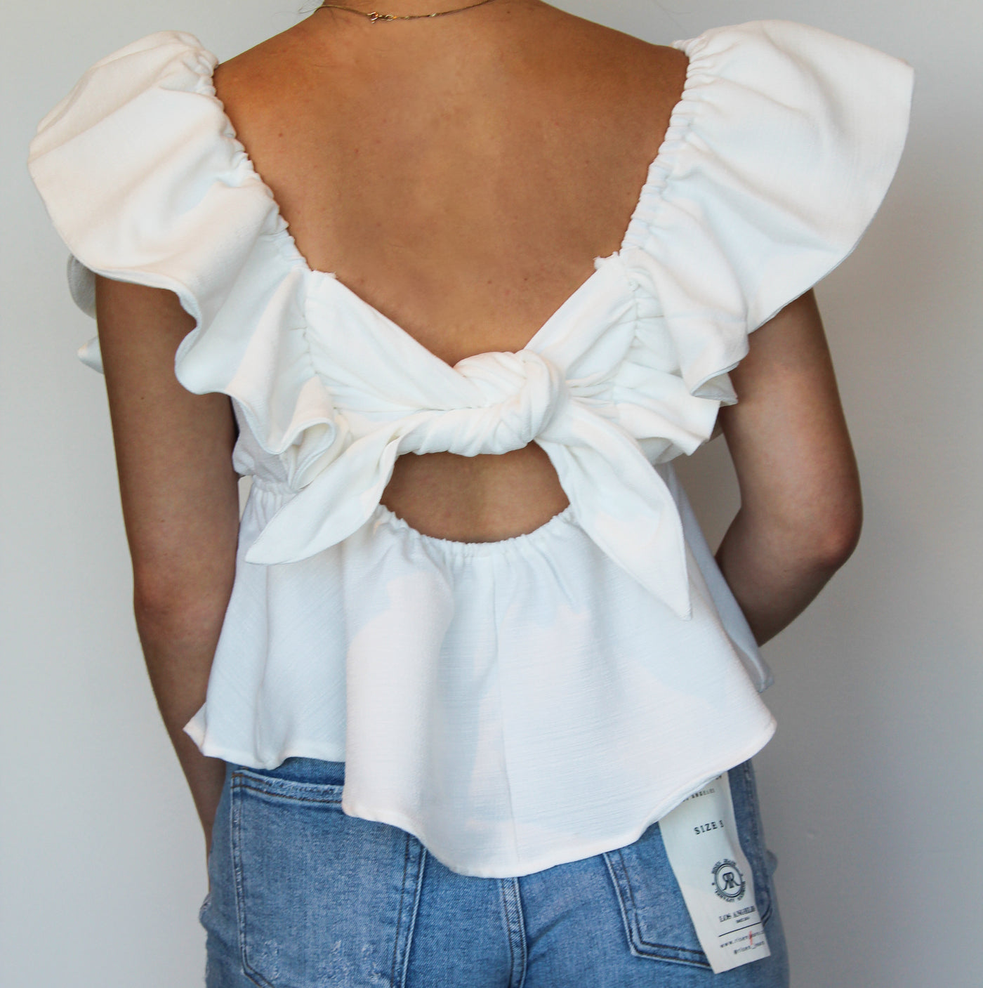 Ruffle Open Back Blouse- White-100 - TOPS - SHORT SLEEVE/SLEEVELESS-GLAM-[option4]-[option5]-[option6]-Leather & Lace Boutique Shop