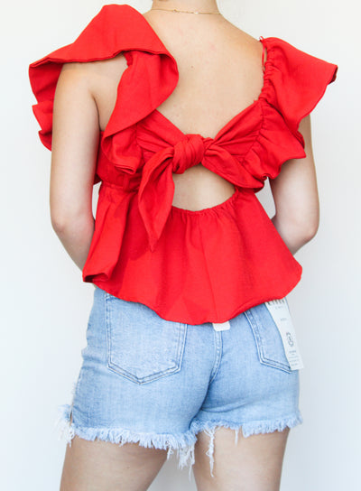 Ruffle Open Back Blouse- Red-100 - TOPS - SHORT SLEEVE/SLEEVELESS-GLAM-[option4]-[option5]-[option6]-Leather & Lace Boutique Shop