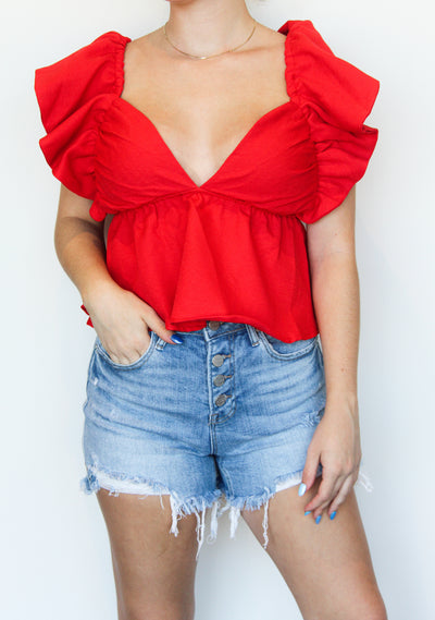 Ruffle Open Back Blouse- Red-100 - TOPS - SHORT SLEEVE/SLEEVELESS-GLAM-[option4]-[option5]-[option6]-Leather & Lace Boutique Shop