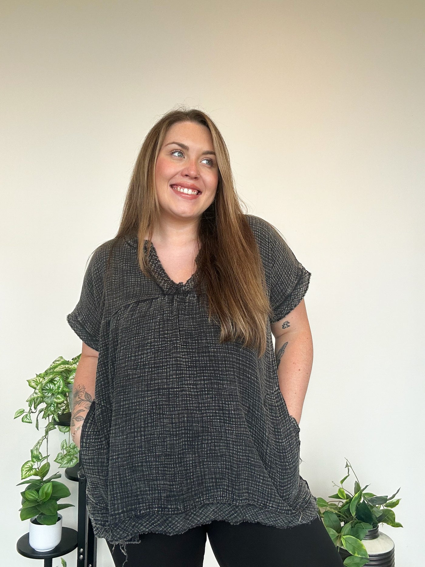 LLB EXCLUSIVE: Gathered Gauze Tunic- Ash Black-100 - TOPS - SHORT SLEEVE/SLEEVELESS-LEATHER & LACE-[option4]-[option5]-[option6]-Leather & Lace Boutique Shop