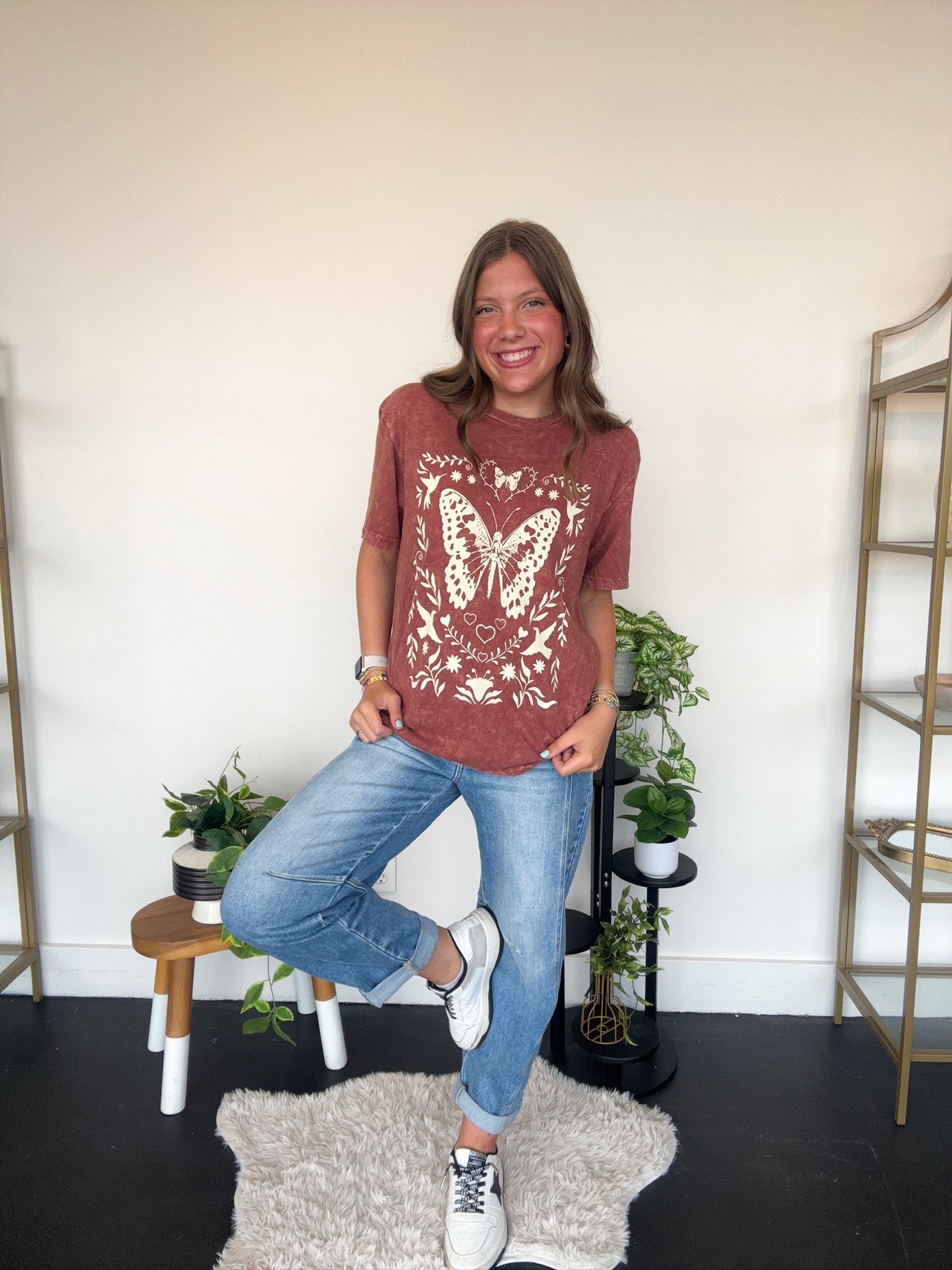 Butterfly Flowers Graphic Tee-120 - TOPS - GRAPHIC TEES-LOTUS-[option4]-[option5]-[option6]-Leather & Lace Boutique Shop