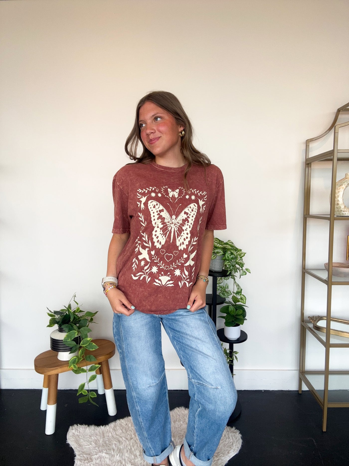 Butterfly Flowers Graphic Tee-120 - TOPS - GRAPHIC TEES-LOTUS-[option4]-[option5]-[option6]-Leather & Lace Boutique Shop