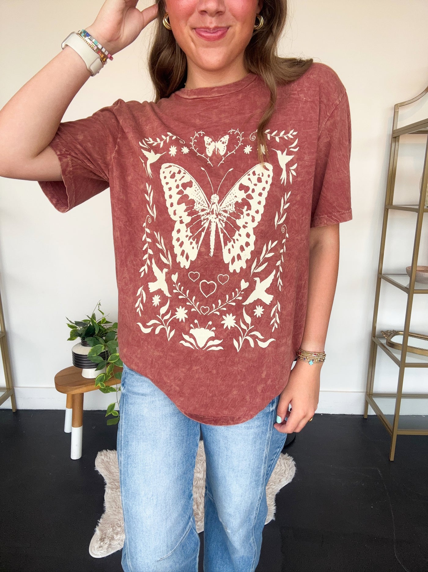 Butterfly Flowers Graphic Tee-120 - TOPS - GRAPHIC TEES-LOTUS-[option4]-[option5]-[option6]-Leather & Lace Boutique Shop