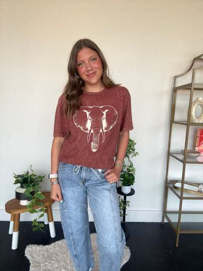 Elephant Graphic Tee - Washed Crimson-100 - TOPS - SHORT SLEEVE/SLEEVELESS-LOTUS-[option4]-[option5]-[option6]-Leather & Lace Boutique Shop