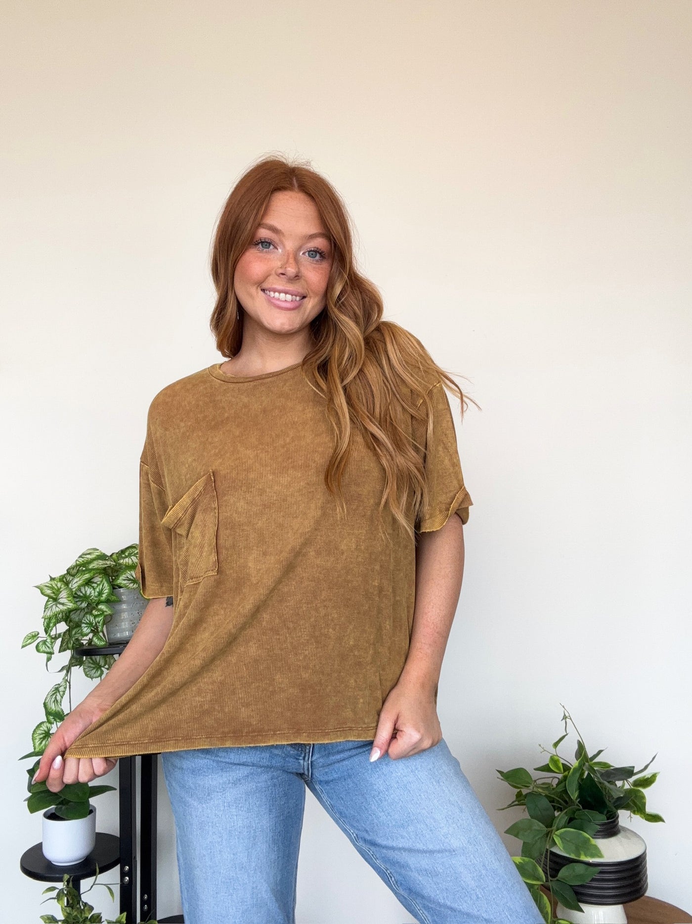 LLB Exclusive: Mineral Wash Pocket Tee- Camel-100 - TOPS - SHORT SLEEVE/SLEEVELESS-LEATHER & LACE-[option4]-[option5]-[option6]-Leather & Lace Boutique Shop