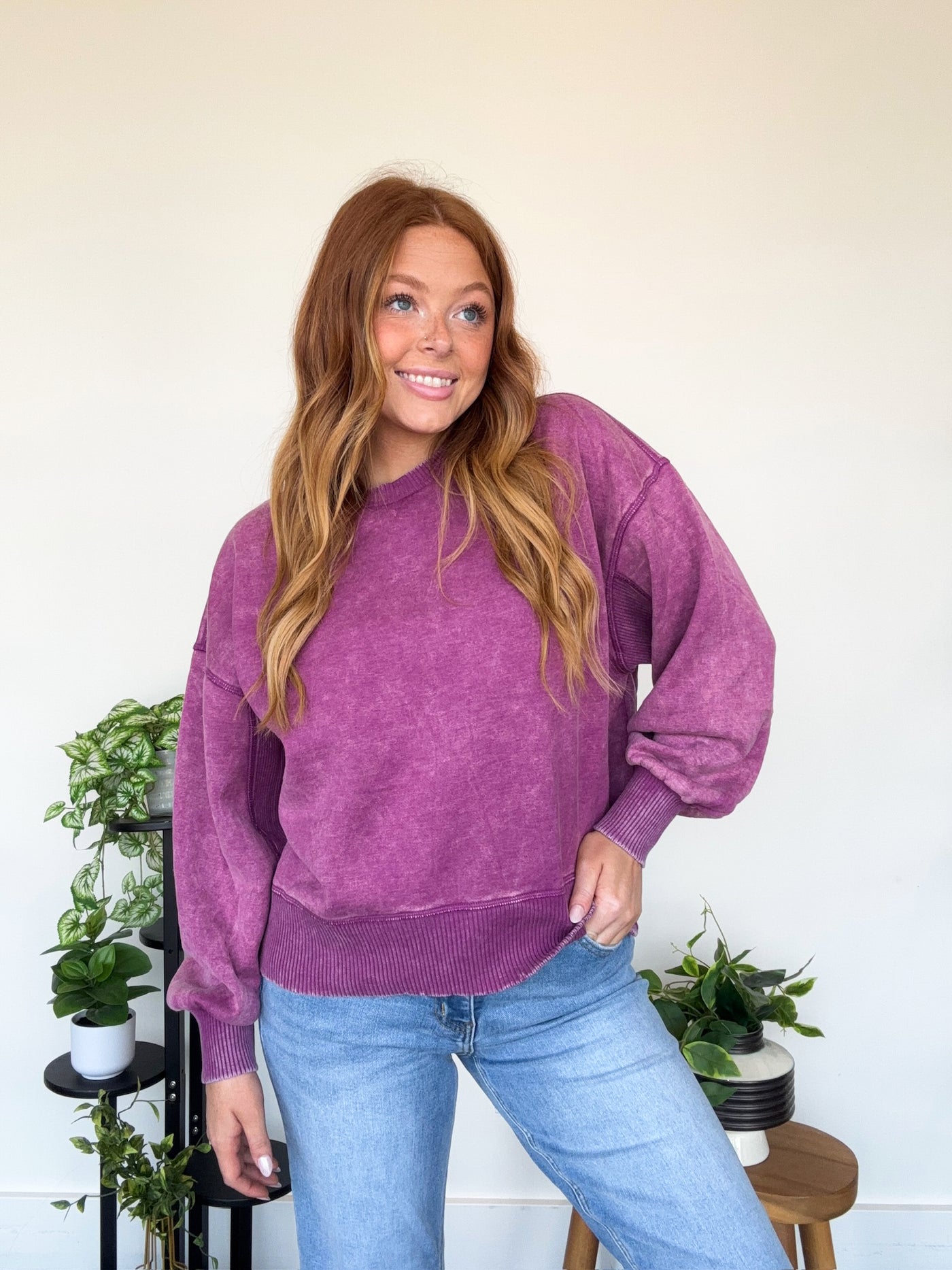 LLB EXCLUSIVE: Wide Hem Mineral Wash Crewneck- Fuschia-130 - TOPS - SWEATERS/SWEATSHIRTS-LEATHER & LACE-[option4]-[option5]-[option6]-Leather & Lace Boutique Shop