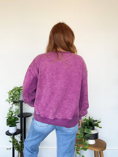 LLB EXCLUSIVE: Wide Hem Mineral Wash Crewneck- Fuschia-130 - TOPS - SWEATERS/SWEATSHIRTS-LEATHER & LACE-[option4]-[option5]-[option6]-Leather & Lace Boutique Shop