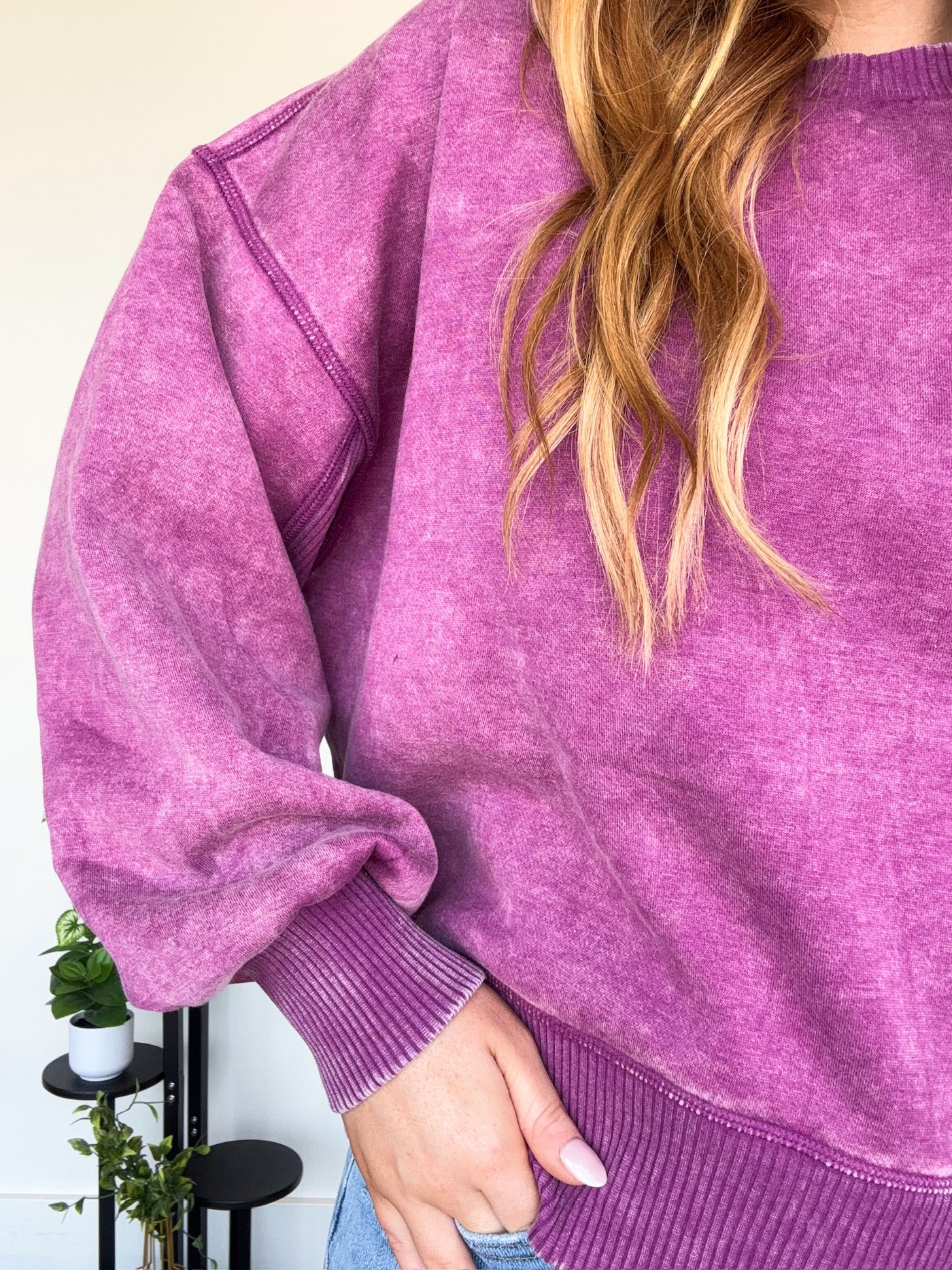 LLB EXCLUSIVE: Wide Hem Mineral Wash Crewneck- Fuschia-130 - TOPS - SWEATERS/SWEATSHIRTS-LEATHER & LACE-[option4]-[option5]-[option6]-Leather & Lace Boutique Shop