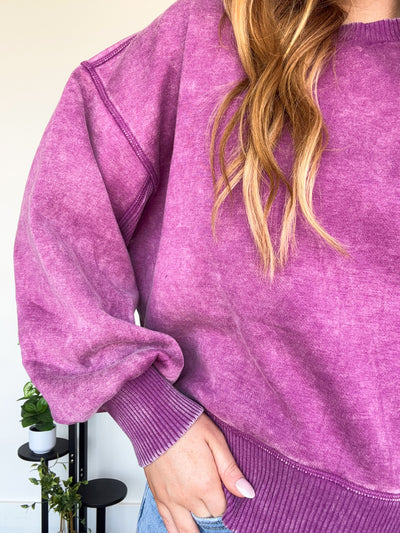 LLB EXCLUSIVE: Wide Hem Mineral Wash Crewneck- Fuschia-130 - TOPS - SWEATERS/SWEATSHIRTS-LEATHER & LACE-[option4]-[option5]-[option6]-Leather & Lace Boutique Shop