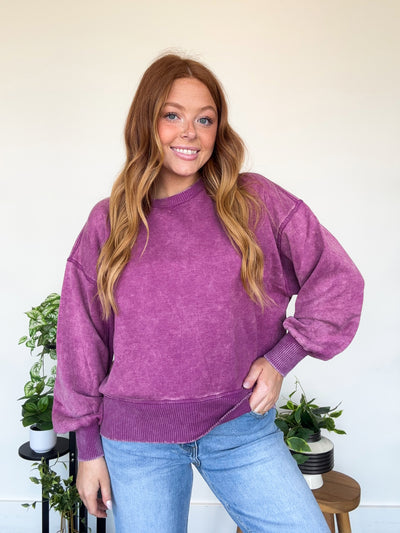 LLB EXCLUSIVE: Wide Hem Mineral Wash Crewneck- Fuschia-130 - TOPS - SWEATERS/SWEATSHIRTS-LEATHER & LACE-[option4]-[option5]-[option6]-Leather & Lace Boutique Shop
