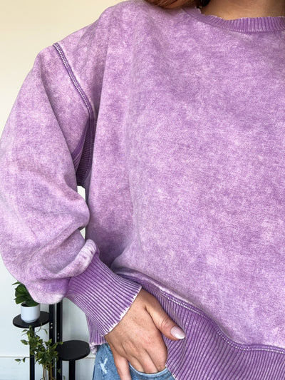 LLB EXCLUSIVE: Wide Hem Mineral Wash Crewneck- Grape-130 - TOPS - SWEATERS/SWEATSHIRTS-LEATHER & LACE-[option4]-[option5]-[option6]-Leather & Lace Boutique Shop