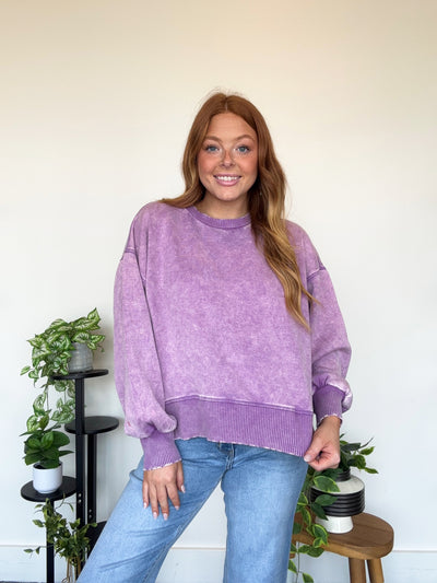 LLB EXCLUSIVE: Wide Hem Mineral Wash Crewneck- Grape-130 - TOPS - SWEATERS/SWEATSHIRTS-LEATHER & LACE-[option4]-[option5]-[option6]-Leather & Lace Boutique Shop