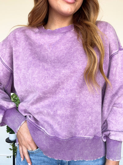 LLB EXCLUSIVE: Wide Hem Mineral Wash Crewneck- Grape-130 - TOPS - SWEATERS/SWEATSHIRTS-LEATHER & LACE-[option4]-[option5]-[option6]-Leather & Lace Boutique Shop