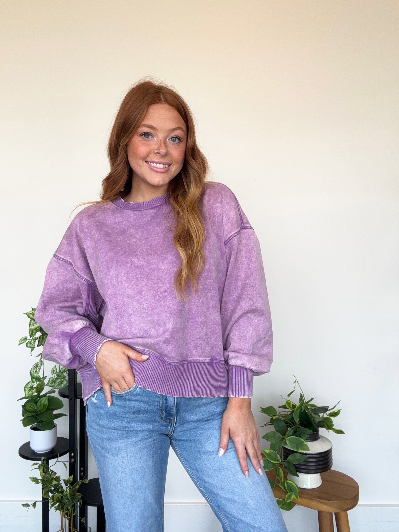 LLB EXCLUSIVE: Wide Hem Mineral Wash Crewneck- Grape-130 - TOPS - SWEATERS/SWEATSHIRTS-LEATHER & LACE-[option4]-[option5]-[option6]-Leather & Lace Boutique Shop