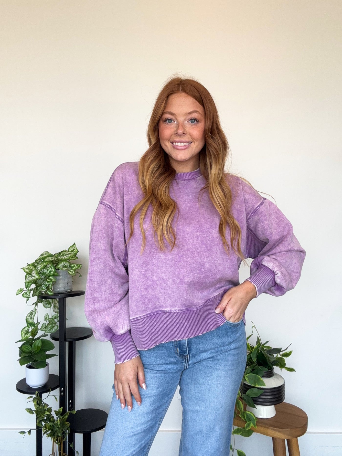 LLB EXCLUSIVE: Wide Hem Mineral Wash Crewneck- Grape-130 - TOPS - SWEATERS/SWEATSHIRTS-LEATHER & LACE-[option4]-[option5]-[option6]-Leather & Lace Boutique Shop