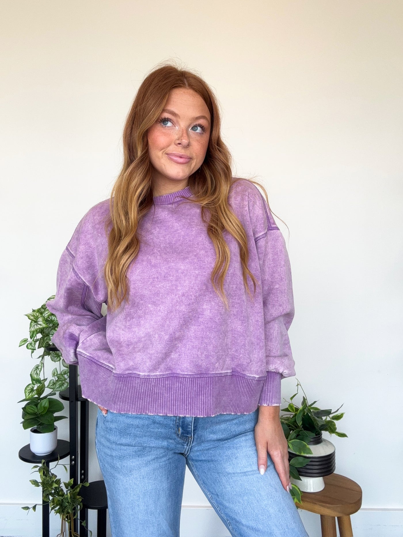 LLB EXCLUSIVE: Wide Hem Mineral Wash Crewneck- Grape-130 - TOPS - SWEATERS/SWEATSHIRTS-LEATHER & LACE-[option4]-[option5]-[option6]-Leather & Lace Boutique Shop
