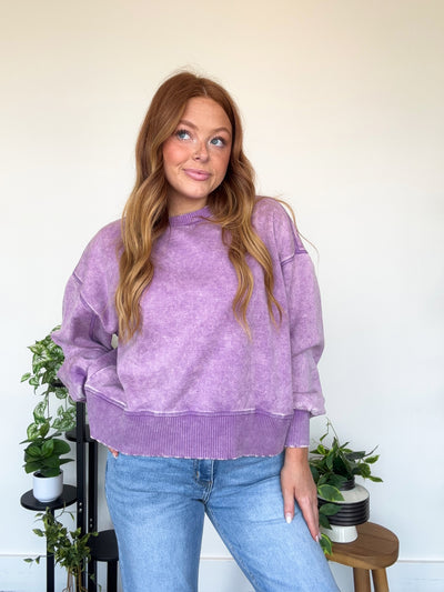 LLB EXCLUSIVE: Wide Hem Mineral Wash Crewneck- Grape-130 - TOPS - SWEATERS/SWEATSHIRTS-LEATHER & LACE-[option4]-[option5]-[option6]-Leather & Lace Boutique Shop