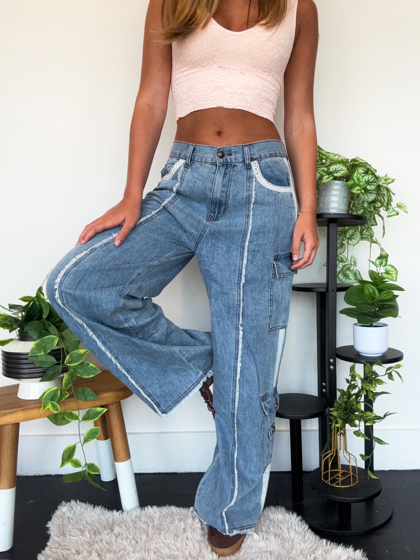 Lace Trim Cargo Denim-150 - BOTTOMS - DENIM-POL-[option4]-[option5]-[option6]-Leather & Lace Boutique Shop